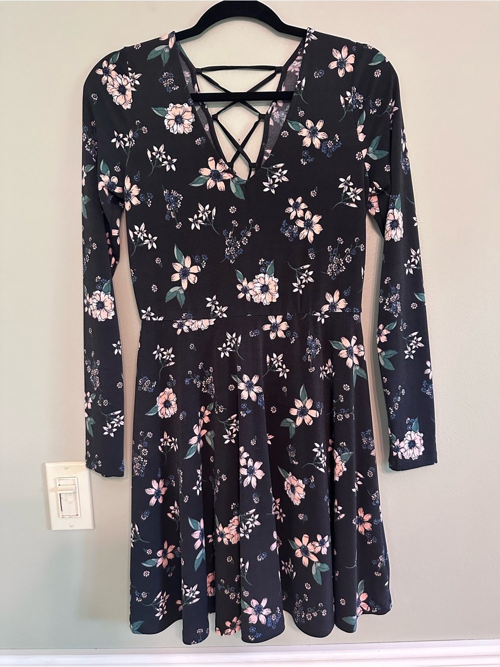 Aeropostale Black Floral Long-Sleeve Dress with Pink and Green Accents
